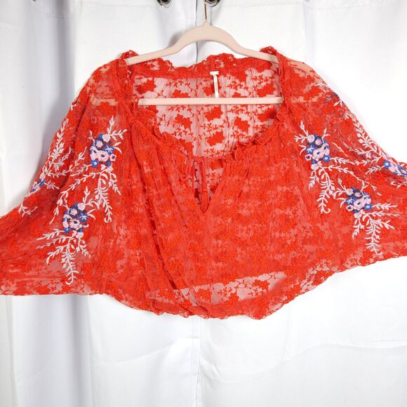 Free People Womens XS Red Floral Jubilee Embroidered Sheer Blouse Top - Picture 1 of 8
